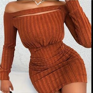 Ladies Elegant Off-Shoulder Brown Dress Sz Small